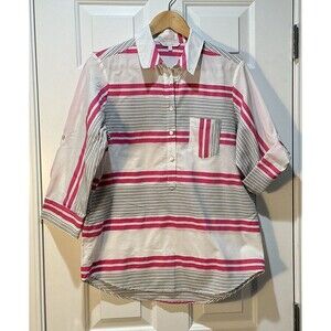 Foxcroft Striped Popover Roll Tab Sleeves Textured Tunic White Pink Size 12